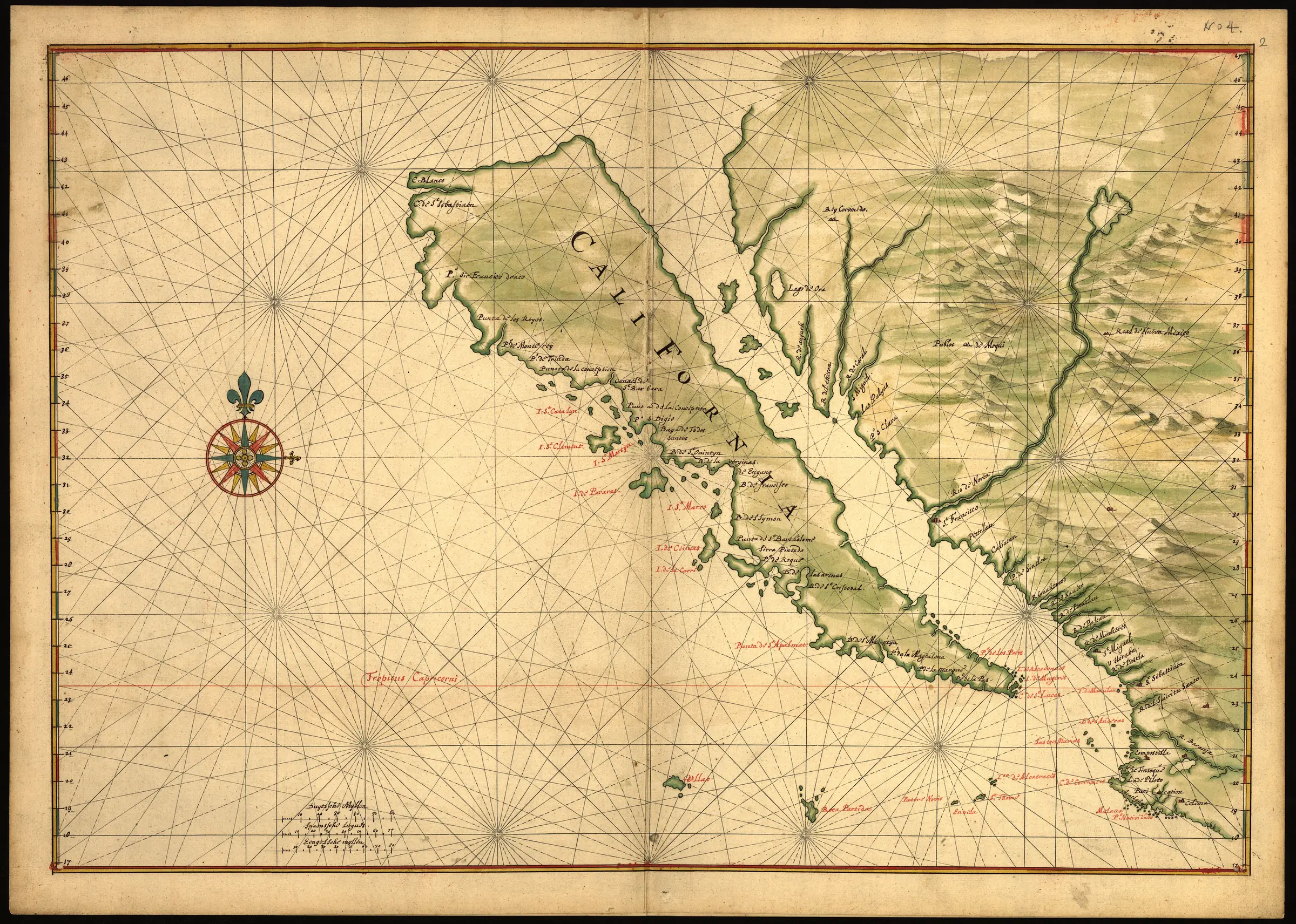 Manuskriptkarte des 17. Jahrhunderts, auf der Kalifornien als lange, vom nordamerikanischen Festland getrennte Insel dargestellt ist; Navigationslinien überziehen die Karte.