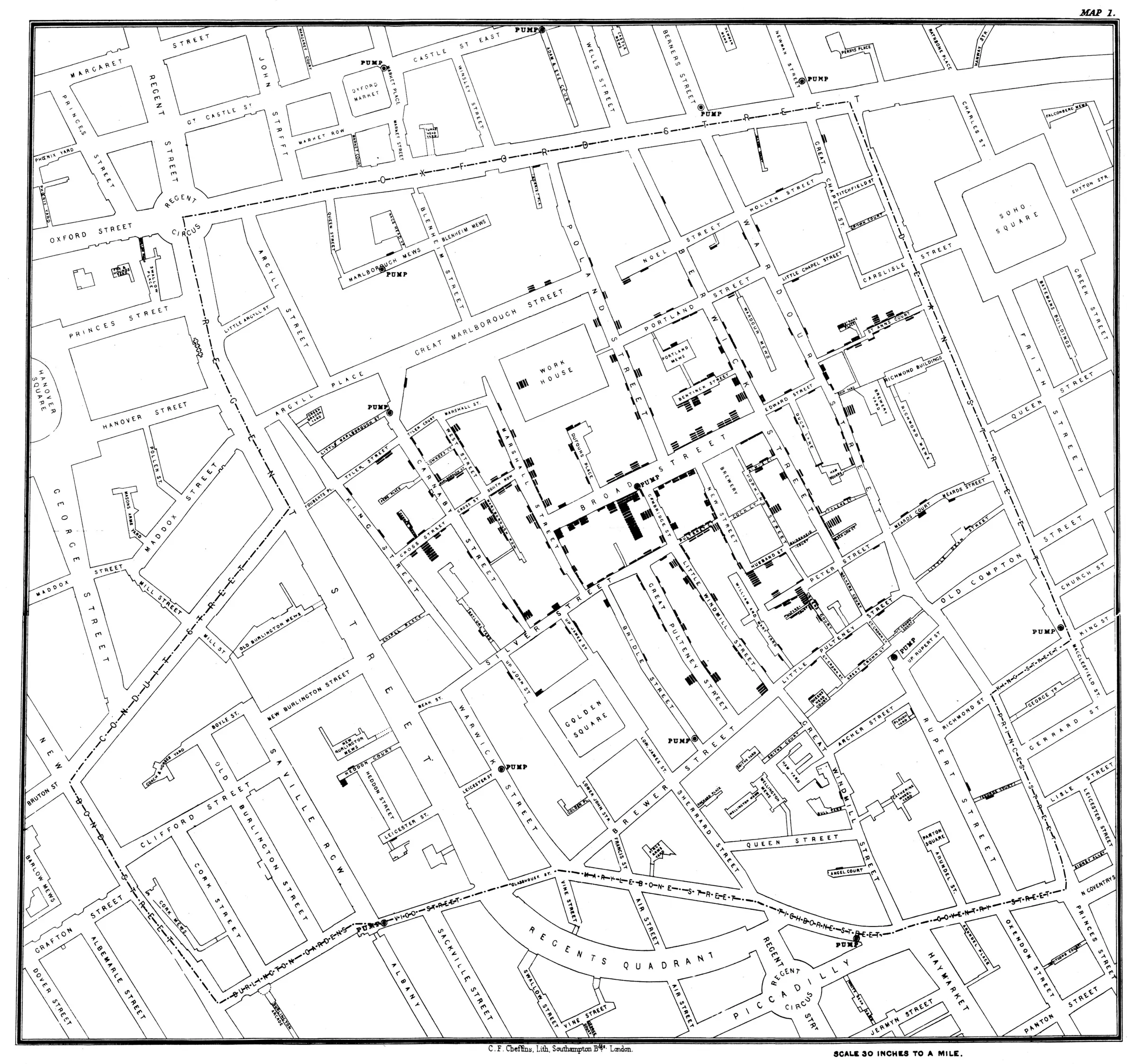 John Snows Karte von Soho aus dem Jahr 1854 zeigt Choleratodesfälle als gestapelte schwarze Balken entlang der Straßen. Die dichteste Häufung der Markierungen liegt im Bereich der Broad Street nahe der verunreinigten Wasserpumpe.
