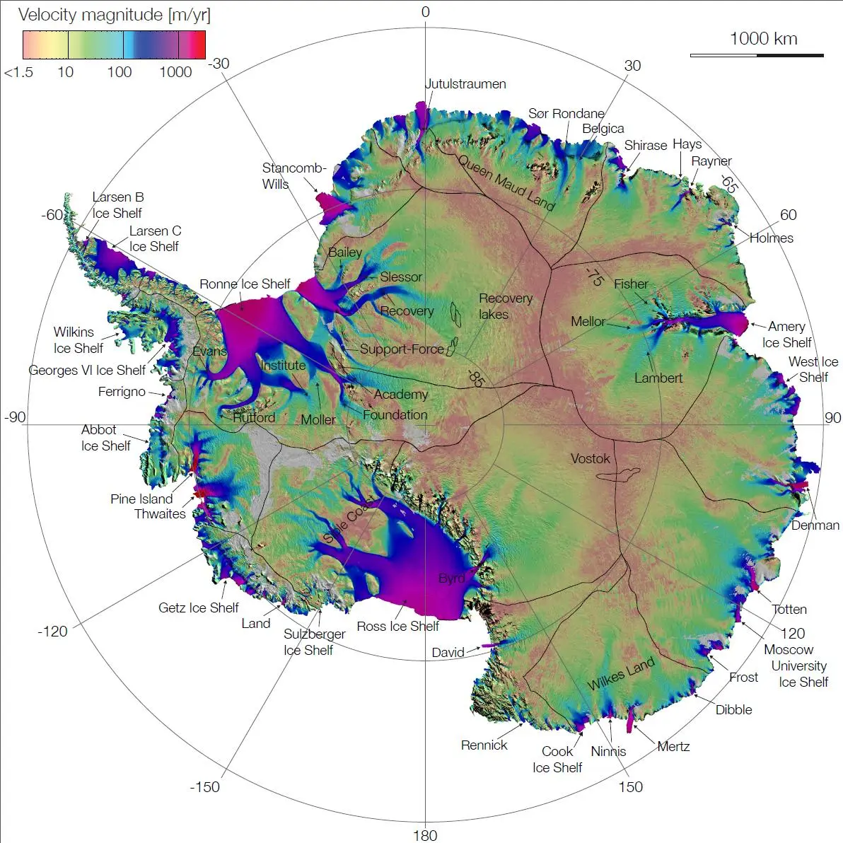 Aus Satellitendaten abgeleitete Karte von Geschwindigkeit und Richtung des Eisflusses in der Antarktis. Netzwerke schneller fließender Eisströme ziehen sich vom Inneren des Kontinents bis zur Küste.