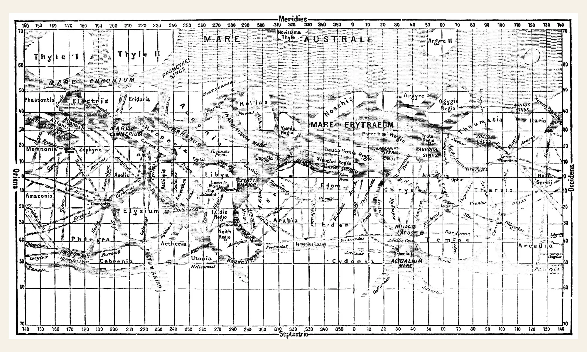 Historische Marskarte von 1889 mit zwei Halbkugelansichten, Gradnetz, benannten Oberflächenregionen und zahlreichen dünnen geraden Linien, die die aus Teleskopbeobachtungen kartierten canali darstellen.