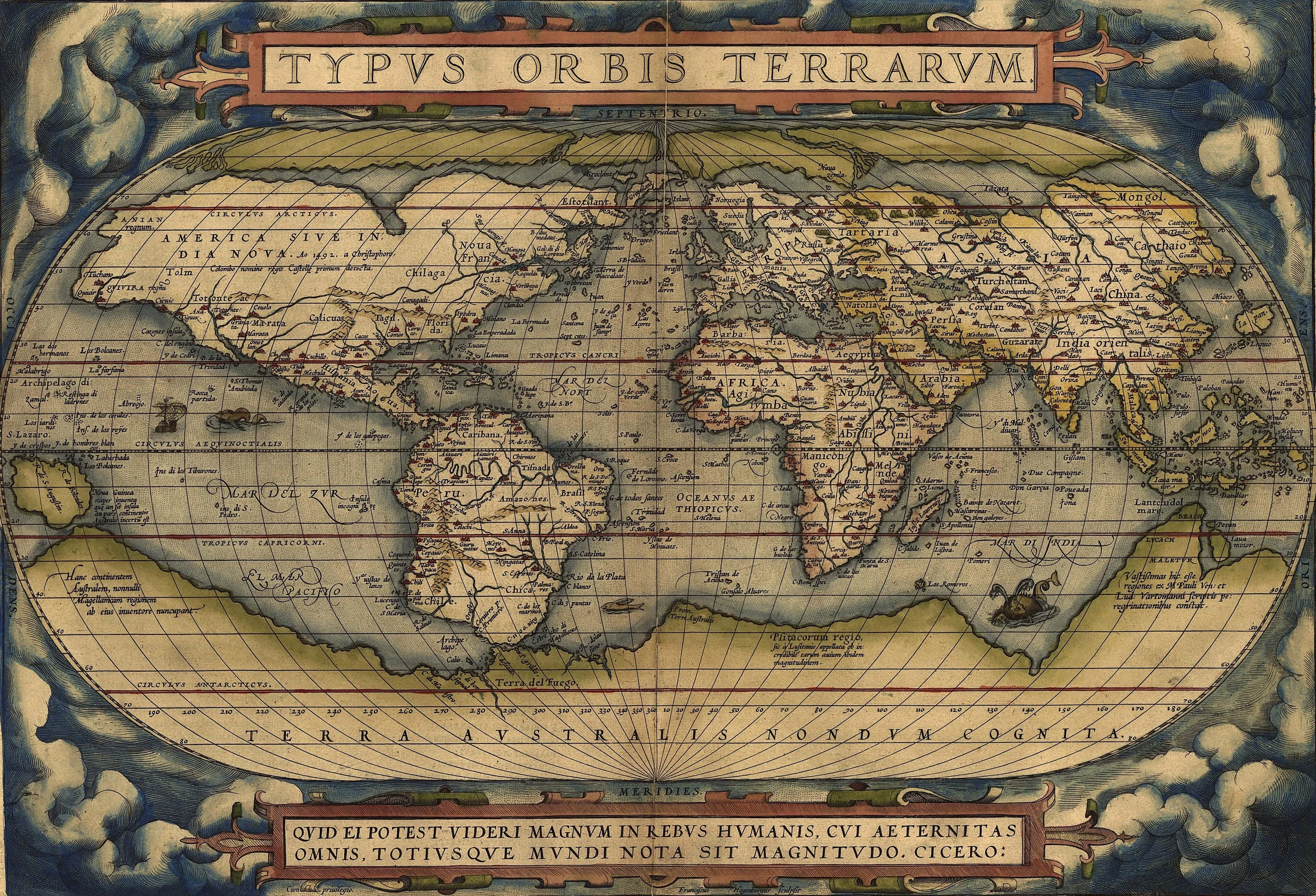 Abraham Ortelius’ Weltkarte von 1570. Am unteren Rand erstreckt sich unter Südamerika, Afrika und Asien eine riesige hypothetische Landmasse mit der Beschriftung Terra Australis Nondum Cognita.